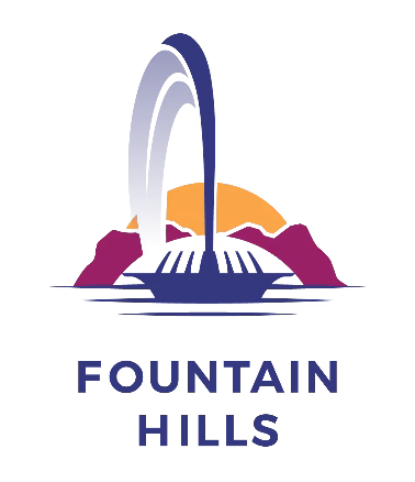 Logo of Fountain Hills featuring a tall water fountain, stylized mountains, a sunset, and water reflections, with the words Fountain Hills below.