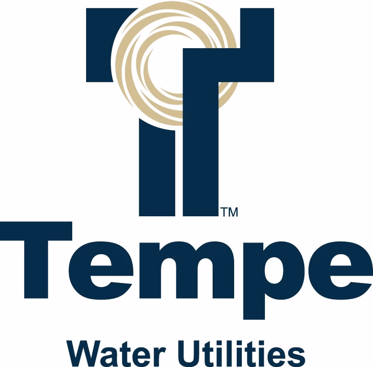 Logo for Tempe Water Utilities. The design features a large stylized T with golden circular lines inside the top part. Below, the words Tempe and Water Utilities are written in bold blue letters.