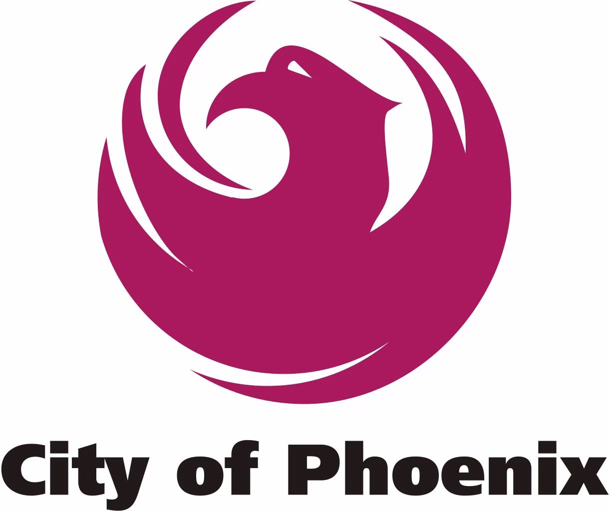 A stylized maroon phoenix bird with wings curving upward, forming a circular shape, above the bold black text City of Phoenix on a white background.